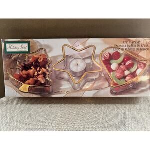 Indiana Glass Holiday Gold Candy Candle Dish w/ Gold Trim -Set of 3-Vintage